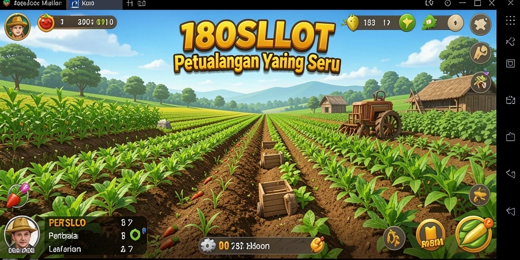 Screenshot gameplay 180SLOT menampilkan ladang pertanian yang luas dan warna-warni.