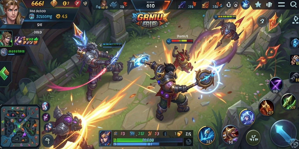 Screenshot gameplay yang menunjukkan aksi MOBA yang mendebarkan.