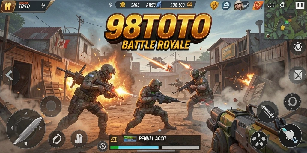 Screenshot gameplay 98TOTO menampilkan aksi pertempuran Battle Royale.
