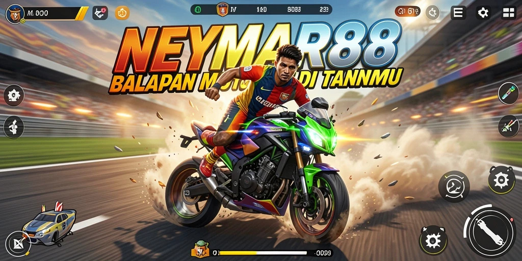 Tampilan utama NEYMAR88 dengan action balapan motor yang intens.