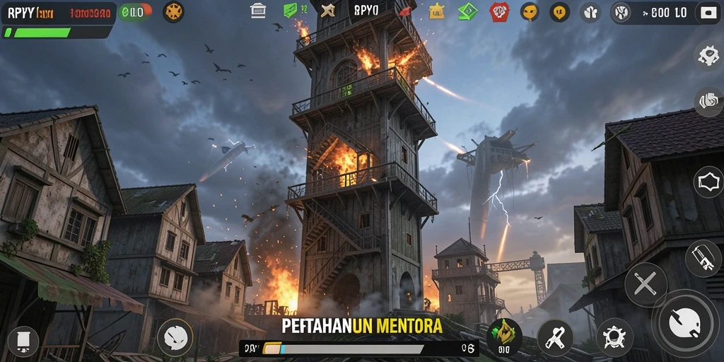 Gameplay RPYYY menampilkan menara yang beraksi melawan musuh.